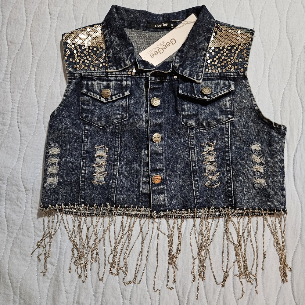 GeeGee Denim Embellished Acid Wash Cropped Vest NWT